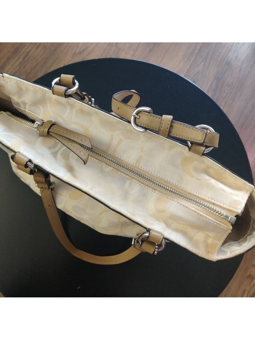 Coach Signature Jacquard Canvas Tote Cream Tan Leather Trim 0495 - Picture 10 of 12